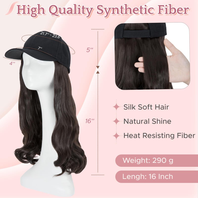 SEGO Hat Wig, Hat with Hair Attached for Women Black Baseball Cap with Hair Extensions, Long Wavy Baseball Cap Wig Adjustable Hats for Daily Party 16 Inch #4A Black Brown - Image 3